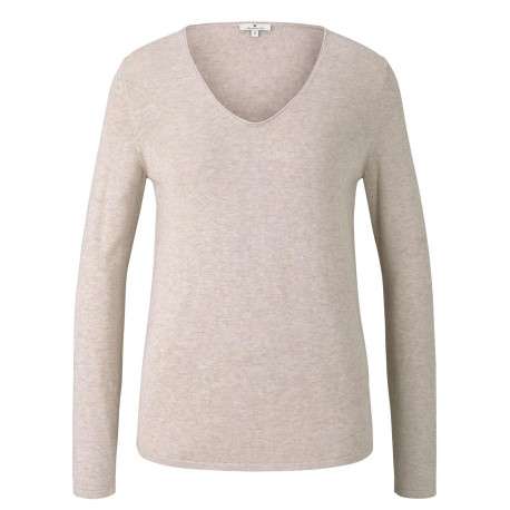 Pull en coton mélangé beige uni avec une coupe droite et un col v - Image 13
