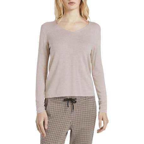 Pull en coton mélangé beige uni avec une coupe droite et un col v - Image 14