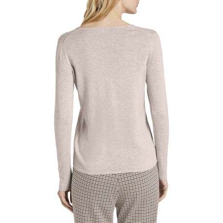 Pull en coton mélangé beige uni avec une coupe droite et un col v - Image 16