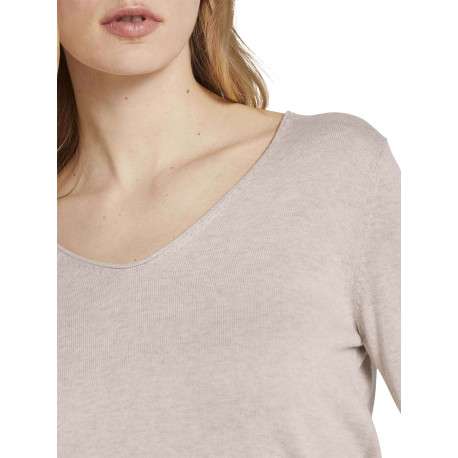 Pull en coton mélangé beige uni avec une coupe droite et un col v - Image 17