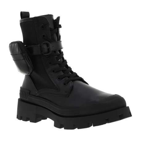 Boots noires à semelle plateforme plate à talon décroché moyen et à lacets et zip latéral