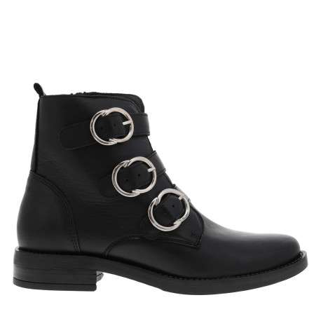 Bottines en cuir noir à brides décoratives, talon décroché bas, semelle plate et zip d'aisance - Image 2