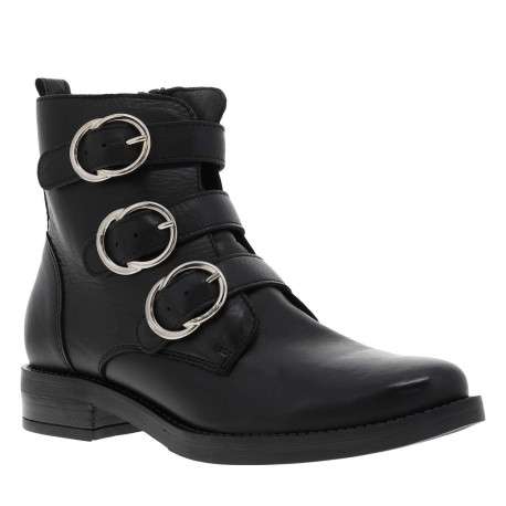 Bottines en cuir noir à brides décoratives, talon décroché bas, semelle plate et zip d'aisance