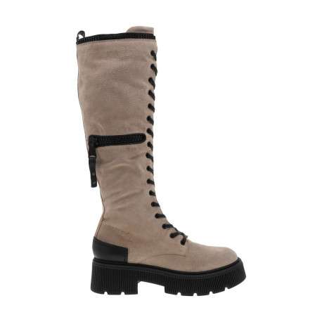 Bottes en cuir nubuck beige à semelle chuncky à talon décroché moyen, à lacets et zip latéral - Image 2