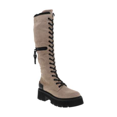 Bottes en cuir nubuck beige à semelle chuncky à talon décroché moyen, à lacets et zip latéral