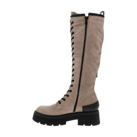 Bottes en cuir nubuck beige à semelle chuncky à talon décroché moyen, à lacets et zip latéral - Image 3