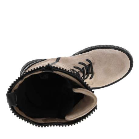 Bottes en cuir nubuck beige à semelle chuncky à talon décroché moyen, à lacets et zip latéral - Image 5