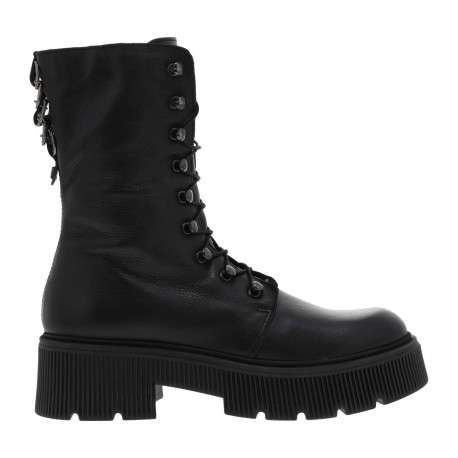 Boots style rangers en cuir noir à semelle chuncky à talon décroché moyen et lacets et zip latéral - Image 2