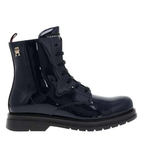 Bottines aspect cuir verni bleu marine à semelle plate à talon décroché bas et à lacets plats et zip - Image 2