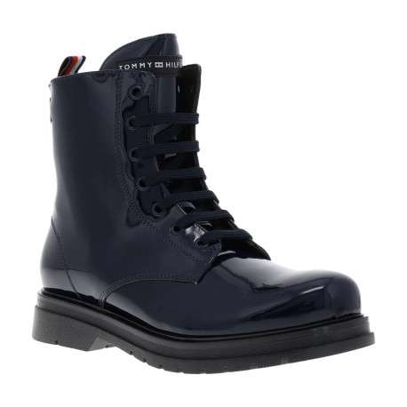 Bottines aspect cuir verni bleu marine à semelle plate à talon décroché bas et à lacets plats et zip