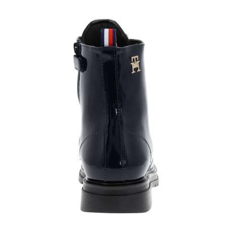 Bottines aspect cuir verni bleu marine à semelle plate à talon décroché bas et à lacets plats et zip - Image 4
