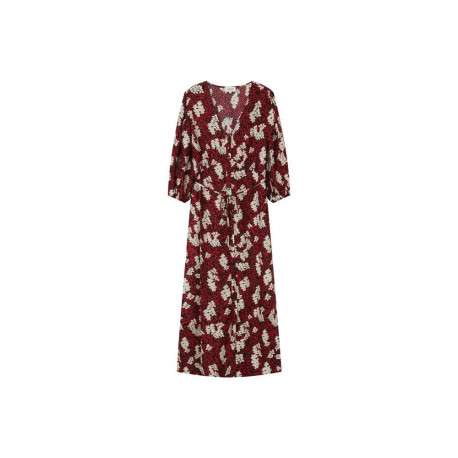 Robe longue rouge col v et manches 3/4 élastiquées aux extrémités avec imprimé feuilles - Image 3