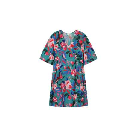 Robe verte coupe courte à col v avec motif floral multicolore all over - Image 2