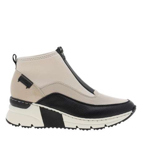 Boots noir et beige à talon semi-compensée avec un zip central - Image 2