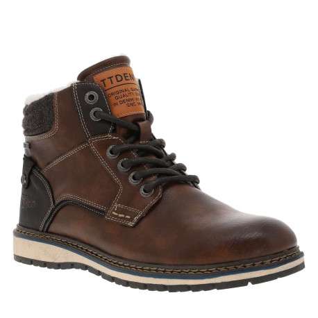 Bottines fourrées simili cuir marron à semelle baskets et à lacets enduis et zip