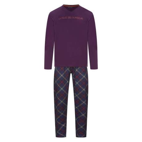 Pyjama long avec un t-shirt violet uni et un pantalon à carreaux