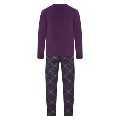 Pyjama long avec un t-shirt violet uni et un pantalon à carreaux - Image 2