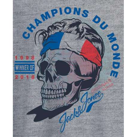 T-shirt col rond en coton gris chiné avec tête de mort floquée sur le thème de la coupe du monde - Image 2