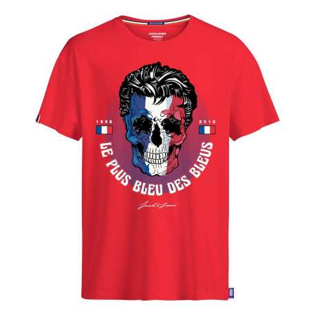 T-shirt col rond en coton rouge avec design footballistique et tête de mort floqué à la poitrine