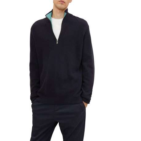 Pull en coton marine uni coupe droite col camionneur - Image 2