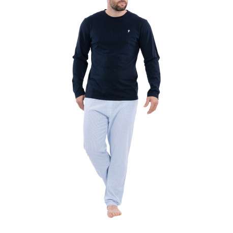 Ensemble pyjama long en coton biologique bleu marine à pantalon motif Vichy ciel à coupe fermée