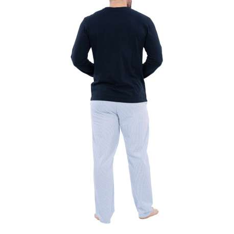 Ensemble pyjama long en coton biologique bleu marine à pantalon motif Vichy ciel à coupe fermée - Image 2