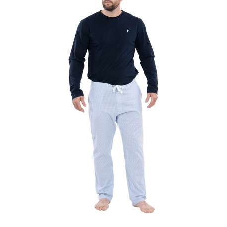 Ensemble pyjama long en coton biologique bleu marine à pantalon motif Vichy ciel à coupe fermée - Image 4