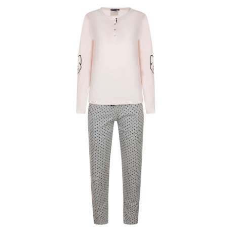 Pyjama long en coton avec un pantalon gris à pois et un haut rose uni