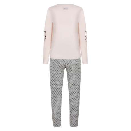 Pyjama long en coton avec un pantalon gris à pois et un haut rose uni - Image 2