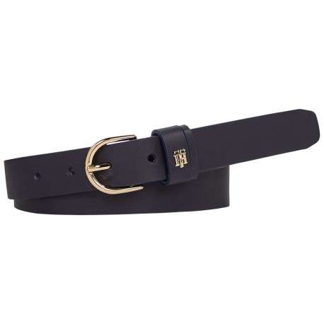 Ceinture marine en cuir grainé avec monogramme métallique doré sur le passant