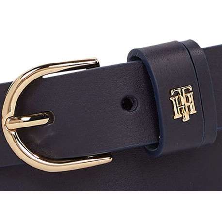 Ceinture marine en cuir grainé avec monogramme métallique doré sur le passant - Image 3