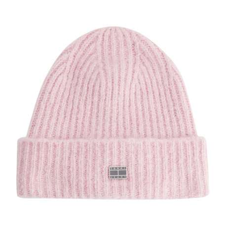 Bonnet à revers rose en maille côtelée avec logo métallique à l'avant