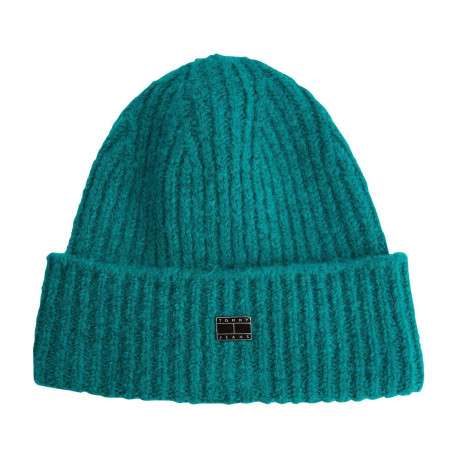 Bonnet vert à revers en maille côtelée all over avec logo métallique sur l'avant