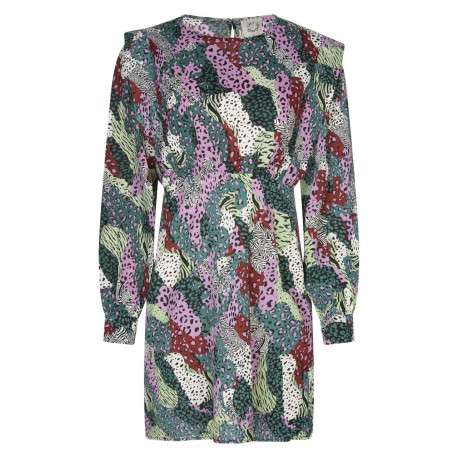 Robe courte multicolore imprimé animal avec col rond et volants au niveau des épaules - Image 2