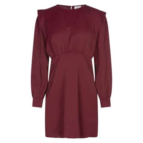 Robe courte bordeaux unie ajustée avec un col ras du cou et manches bouffantes