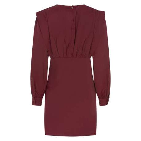 Robe courte bordeaux unie ajustée avec un col ras du cou et manches bouffantes - Image 2
