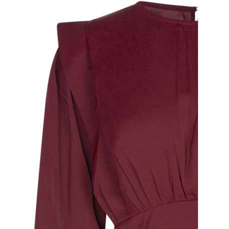 Robe courte bordeaux unie ajustée avec un col ras du cou et manches bouffantes - Image 3
