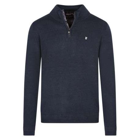 Pull half zip marine chiné avec petit écusson bicolore cousu
