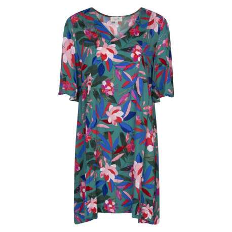 Robe verte coupe courte à col v avec motif floral multicolore all over