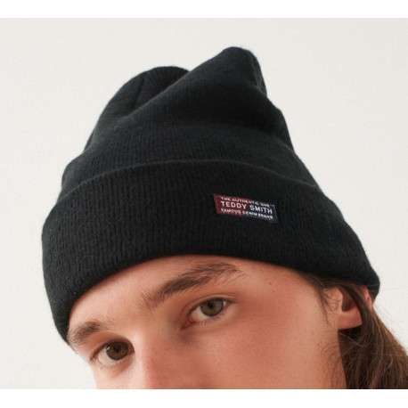Bonnet noir en maille unie à revers avec étiquette cousue