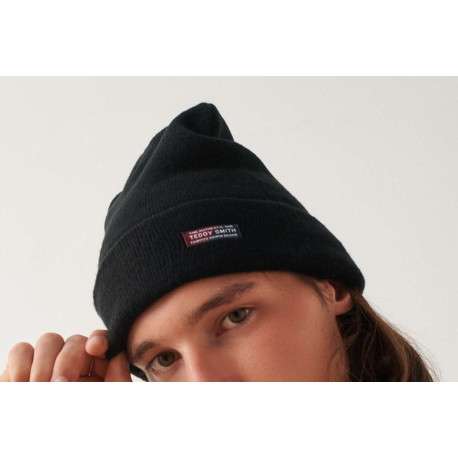 Bonnet noir en maille unie à revers avec étiquette cousue - Image 2