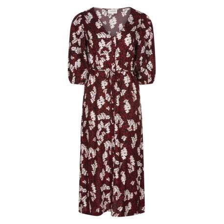 Robe longue rouge col v et manches 3/4 élastiquées aux extrémités avec imprimé feuilles