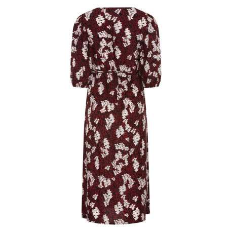 Robe longue rouge col v et manches 3/4 élastiquées aux extrémités avec imprimé feuilles - Image 2