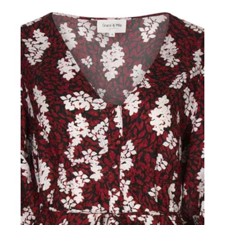 Robe longue rouge col v et manches 3/4 élastiquées aux extrémités avec imprimé feuilles - Image 4