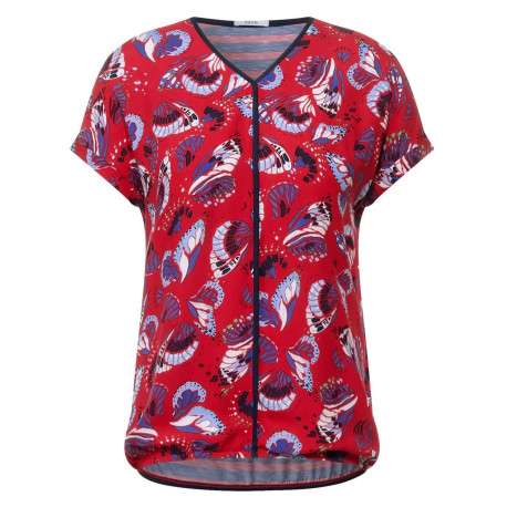 T-shirt rouge mélange d'imprimés à coupe droite col v et à manches courtes