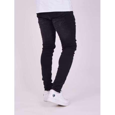 Jean en coton noir uni avec une coupe skinny et un effet troué - Image 3