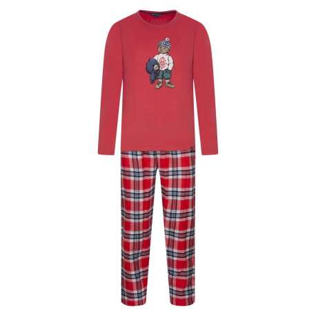 Pyjama Long en coton rouge vichy coupe régular avec un col rond et une ceinture rouge