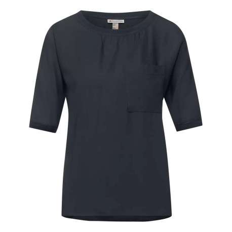 Top en viscose douce anthracite uni à coupe ample, col rond effet plissé et à manches 3/4