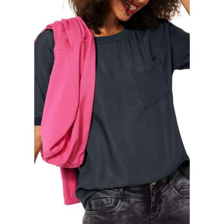 Top en viscose douce anthracite uni à coupe ample, col rond effet plissé et à manches 3/4 - Image 2