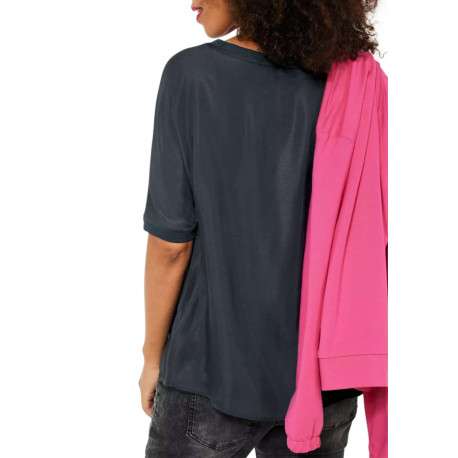 Top en viscose douce anthracite uni à coupe ample, col rond effet plissé et à manches 3/4 - Image 3